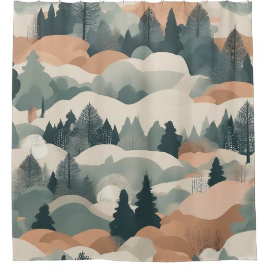 Bäume und Berge Boho Abstract Design Duschvorhang (Vorderseite)