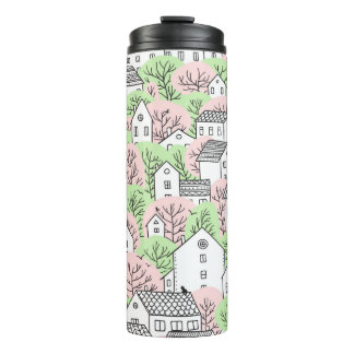 Bäume und Häuser nahtlos Muster. Frühjahr und Somm Thermosbecher