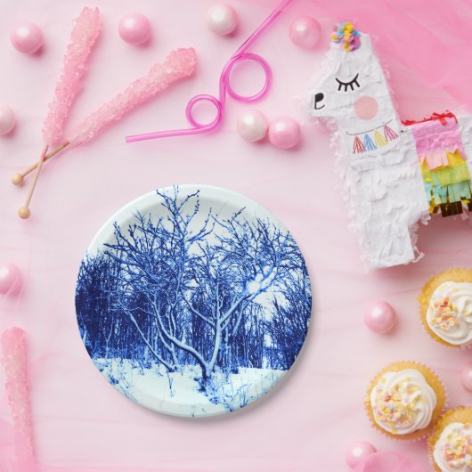 Bäume und Schneeszene, Kobaltblau Pappteller (Party)