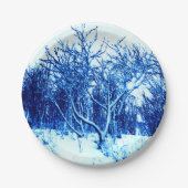 Bäume und Schneeszene, Kobaltblau Pappteller (Vorderseite)