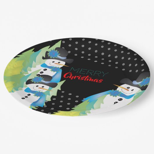 Bäume und Snowman-Dekorative Pappteller (Schrägansicht)