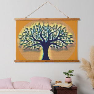 Baumflächen Gelbe Landschaft Aquarell Wandteppich Mit Holzrahmen