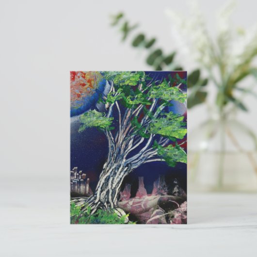 Baummalerei mit blauer Stadt und orangefarbener So Postkarte (Stehend Vorderseite)