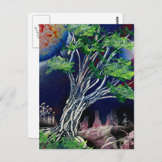 Baummalerei mit blauer Stadt und orangefarbener So Postkarte (Vorne/Hinten)