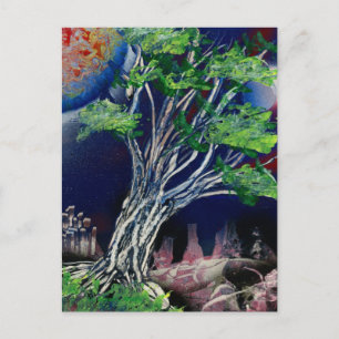 Baummalerei mit blauer Stadt und orangefarbener So Postkarte