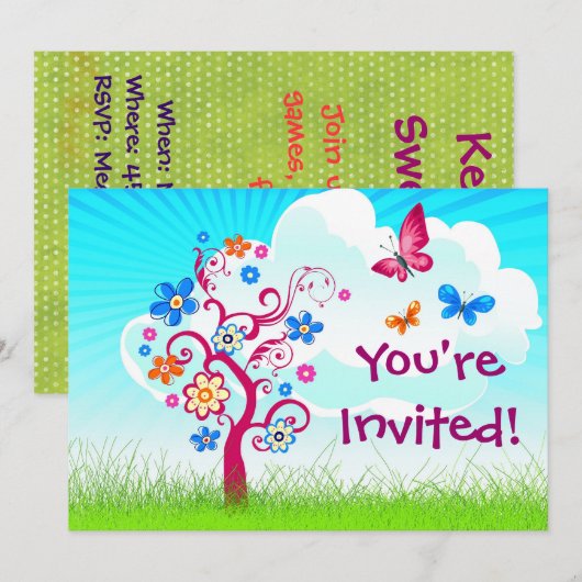 Baumschmetterling Blume Einladung (Vorne/Hinten)