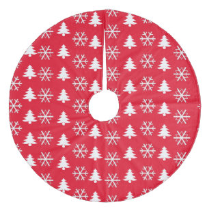 Baumschneeflocken auf Weiß auf Rot Fleece Weihnachtsbaumdecke