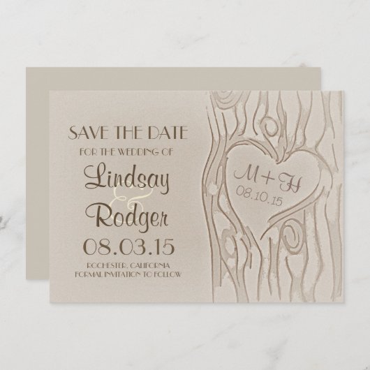 Baumschnitzerei rustikal speichern Sie die Datumsk Save The Date (Vorne/Hinten)