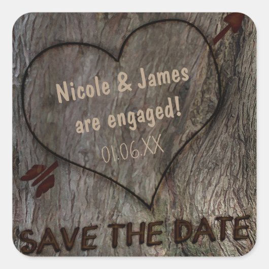 Baumstamm + Carved Heart Save the Date Stickers (Vorderseite)