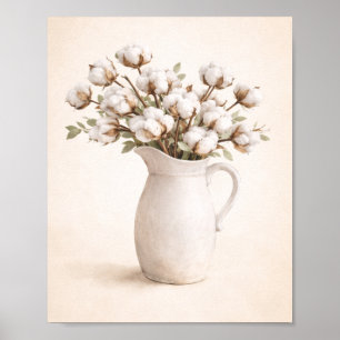 Baumwollblumen in weißem Krug Neutraler Landhausst Poster