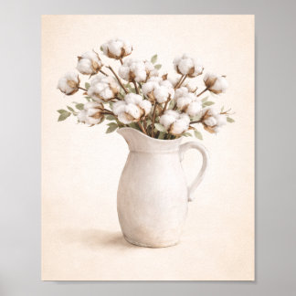 Baumwollblumen in weißem Krug Neutraler Landhausst Poster