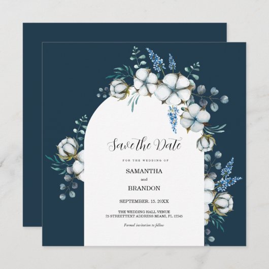 Baumwolle Blume und Eukalyptus Save The Date (Vorne/Hinten)