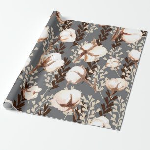 Baumwollmuster Pflanze Grau Geschenkpapier