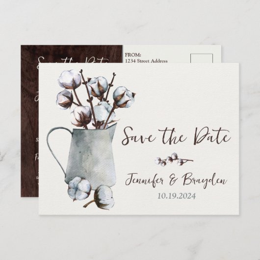Baumwollstiele in Pitcher Wedding Save the Date Postkarte (Vorne/Hinten)