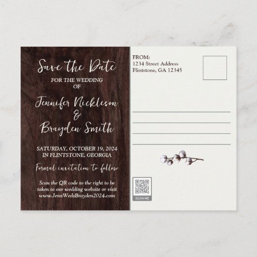 Baumwollstiele in Pitcher Wedding Save the Date Postkarte (Rückseite)