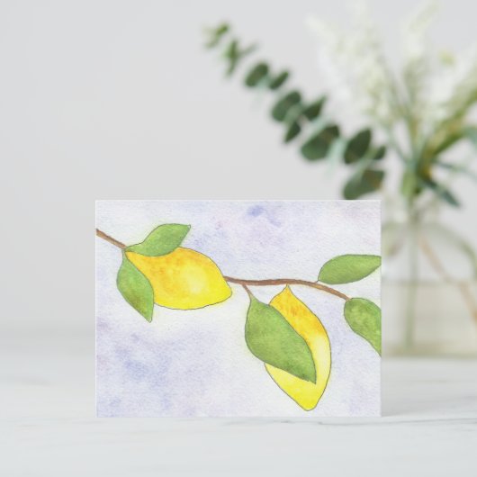 Baumzweig mit Zitronen und Blätter in Wasserfarbe Postkarte (Stehend Vorderseite)