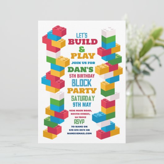 Bausteine für Geburtstagsparty Einladung (Stehend Vorderseite)