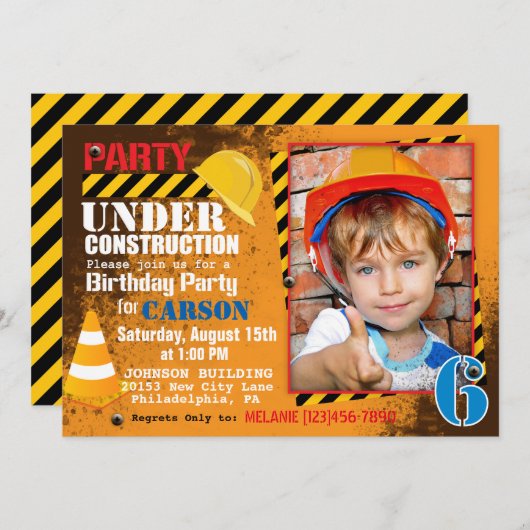Baustelle Einladung zum Geburtstag (Vorne/Hinten)