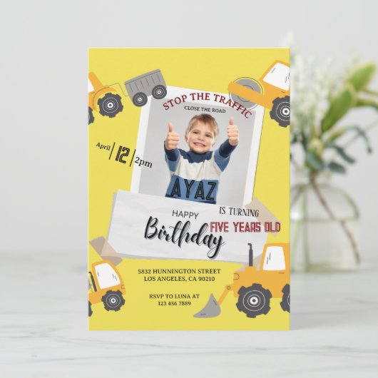 Baustellen-Muldenkipper-Party-Junge-Geburtstag Einladung (Stehend Vorderseite)