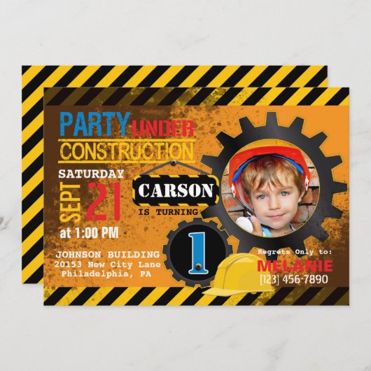 Baustellengeräte Geburtstagsparty Einladung (Vorne/Hinten)