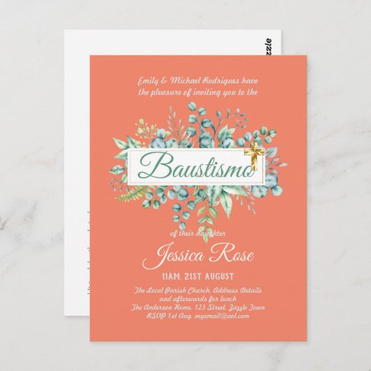 Baustismo Einladung Eukalyptus Grünes BUDGET Postkarte (Vorne/Hinten)