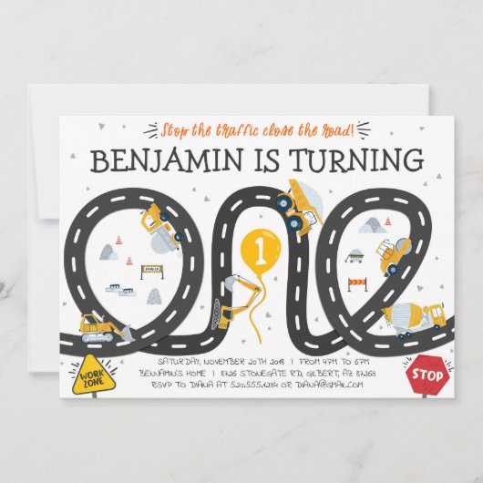 Baustraßen 1. Geburtstag Einladung (Vorderseite)