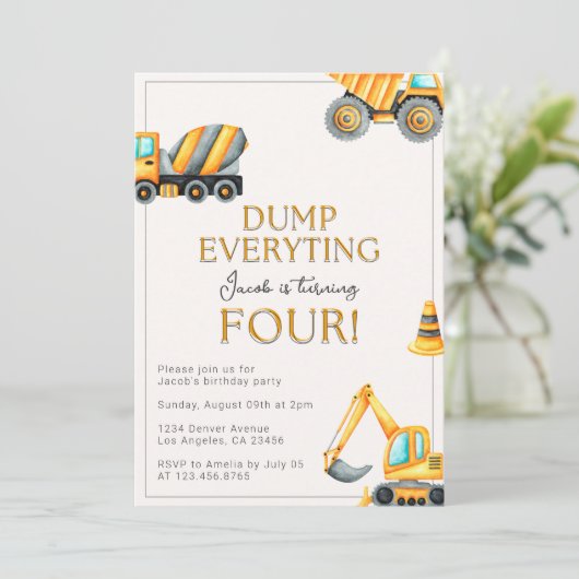 Baustumpf Alles 4. Geburtstag Einladung (Stehend Vorderseite)