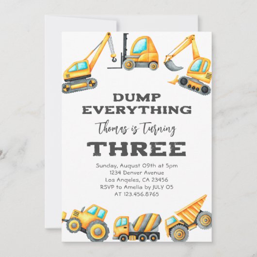Baustumpf Alles LKW 3. Geburtstag Einladung (Vorderseite)