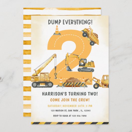 Baustumpf LKW 2. Geburtstag Einladung (Vorne/Hinten)