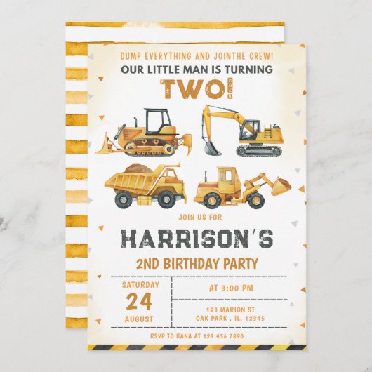 Baustumpf LKW 2. Geburtstag Einladung (Vorne/Hinten)