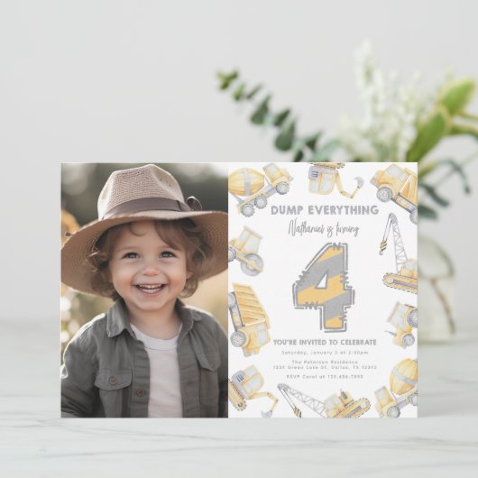Baustumpf LKW 4. Geburtstag Party Einladung (Stehend Vorderseite)