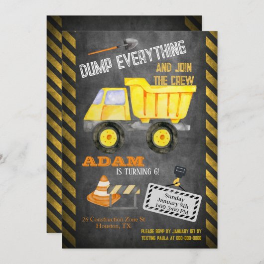 Baustumpf LKW Geburtstagseinladung Einladung (Vorne/Hinten)