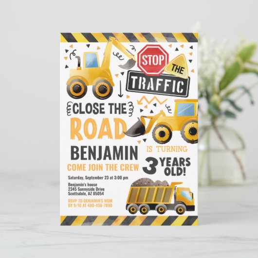 Baustumpf LKW Geburtstagsparty Einladung (Stehend Vorderseite)