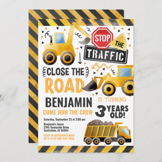 Baustumpf LKW Geburtstagsparty Einladung (Vorne/Hinten)