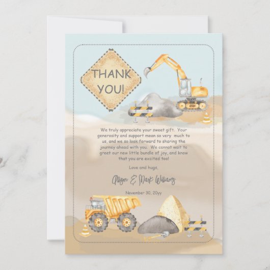 Baustumpf Truck Boy Babydusche Dankeskarte (Vorderseite)