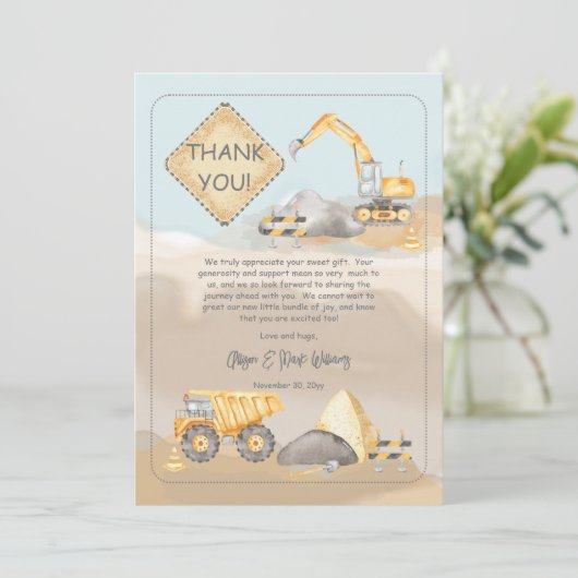 Baustumpf Truck Boy Babydusche Dankeskarte (Stehend Vorderseite)