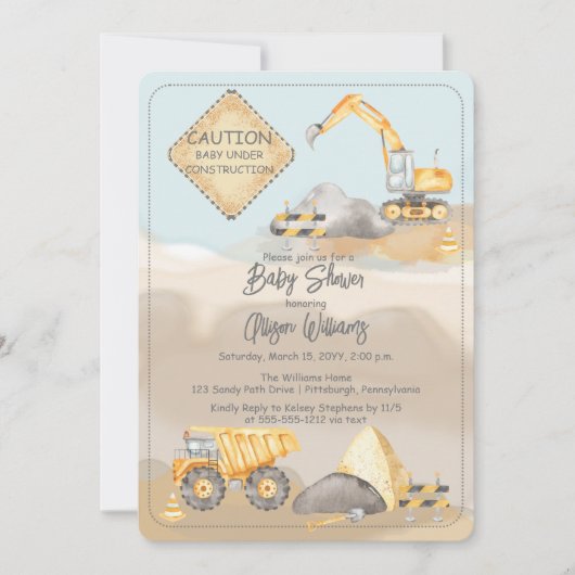 Baustumpf Truck Boy Babydusche Einladung (Vorderseite)