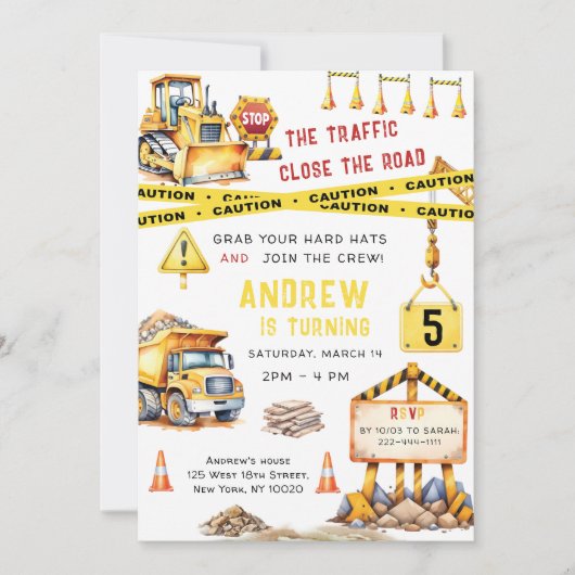 Baustumpf Truck Bulldozer Geburtstag Einladung (Vorderseite)