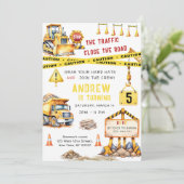 Baustumpf Truck Bulldozer Geburtstag Einladung (Stehend Vorderseite)