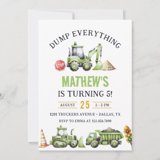 Baustumpf Truck Digger 5. Geburtstag Einladung (Vorderseite)