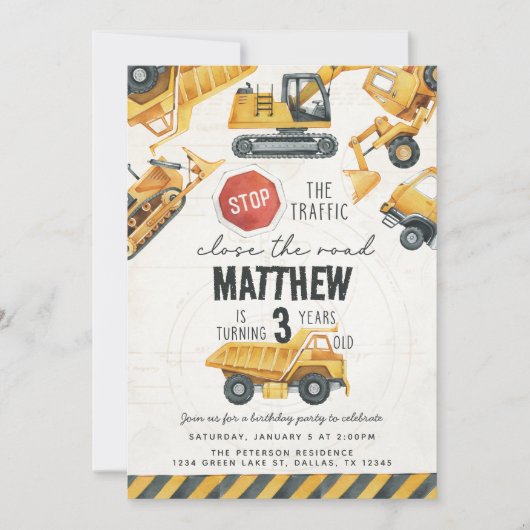 Baustumpf Truck Geburtstagspartei Einladung (Vorderseite)