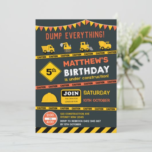 Baustumpf Truck Geburtstagspartei Einladung (Stehend Vorderseite)