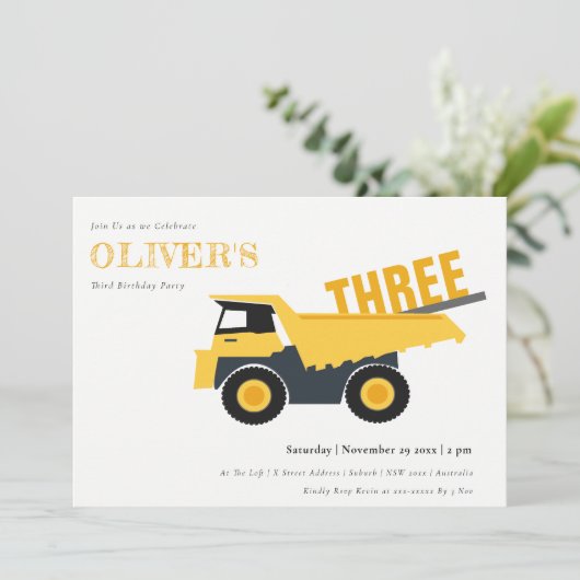 Baustumpf Truck jedes Alter Geburtstag Einladung (Stehend Vorderseite)