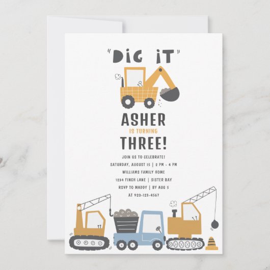 Bauthema Dig It Birthday Party Einladung (Vorderseite)