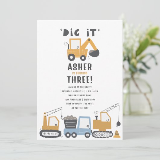 Bauthema Dig It Birthday Party Einladung (Stehend Vorderseite)