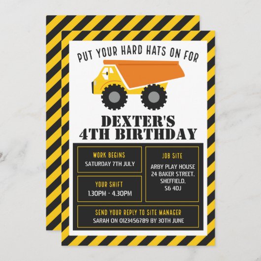 Bauthema Geburtstagsfeier Einladung (Vorne/Hinten)