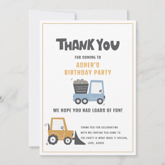 Bauthema Geburtstagsparty Danke Karte (Vorderseite)