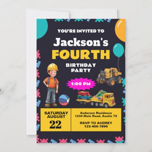 Bauthema Geburtstagsparty Einladung (Vorderseite)