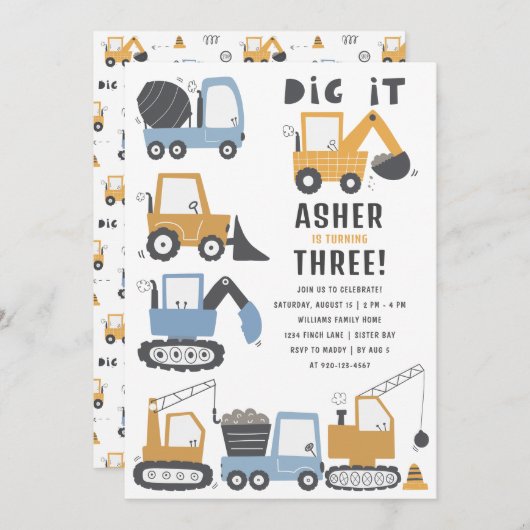 Bauthema Geburtstagsparty Einladung (Vorne/Hinten)