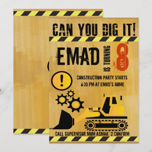 Bauthema Party Einladung (Vorne/Hinten)